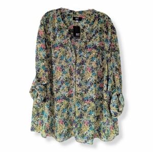 NWT Kut From The Kloth Green Floral Print Long Sleeve Semi Sheer Blouse